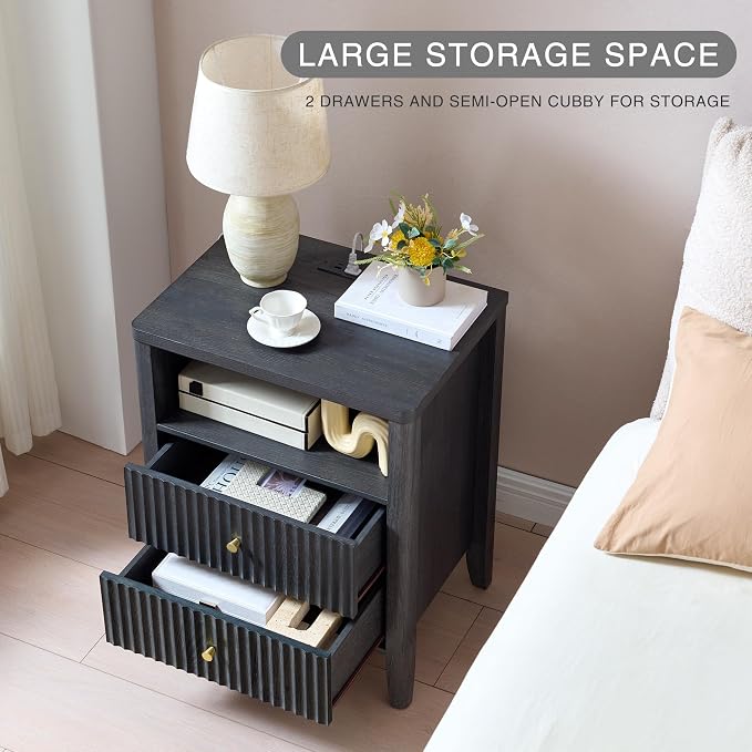 21" Fluted Nightstand with Charging Station – Modern Bedside Table with 2 - Image 4