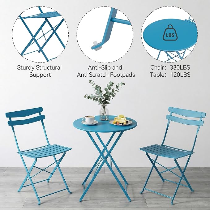 GarveeLife 3 Piece Patio Bistro Set, Folding Patio Bistro Table and Chairs Set - Image 6
