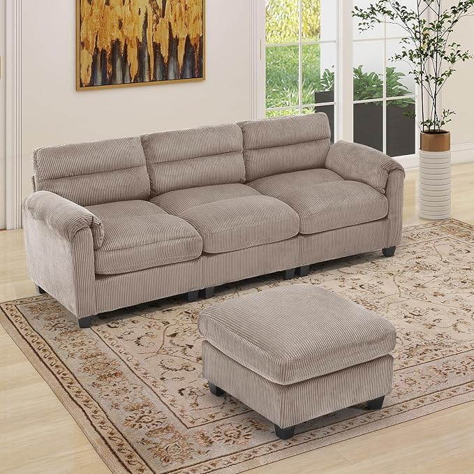 HAOMARKETS Corduroy 2-Piece Sofa Set, Upholstered Ottoman and 3-Seater Sofa by HAOMARKETS