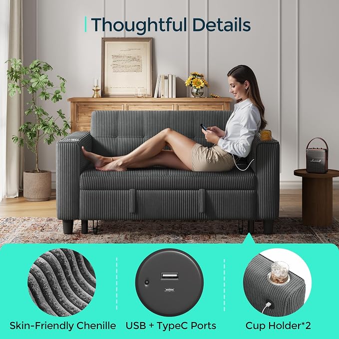 LINSY 54" Pull Out Couch with Charging Station - Image 6