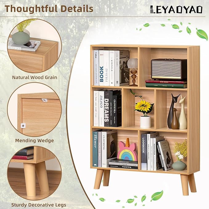 LEYAOYAO Wooden 7 Cube Book Shelf, Natural 3 Tier Bookshelf - Image 7