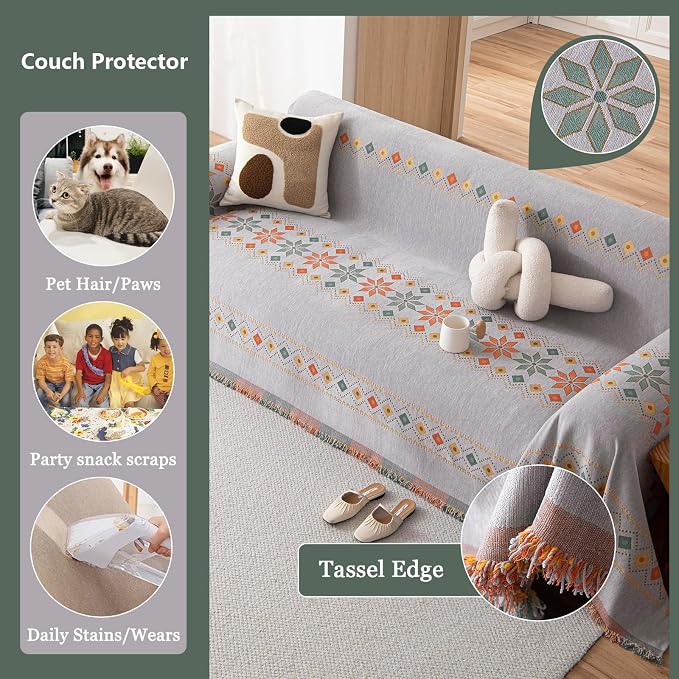 DREAMINGO Boho Couch Cover Grey Chenille Sofa Protecor - Image 4