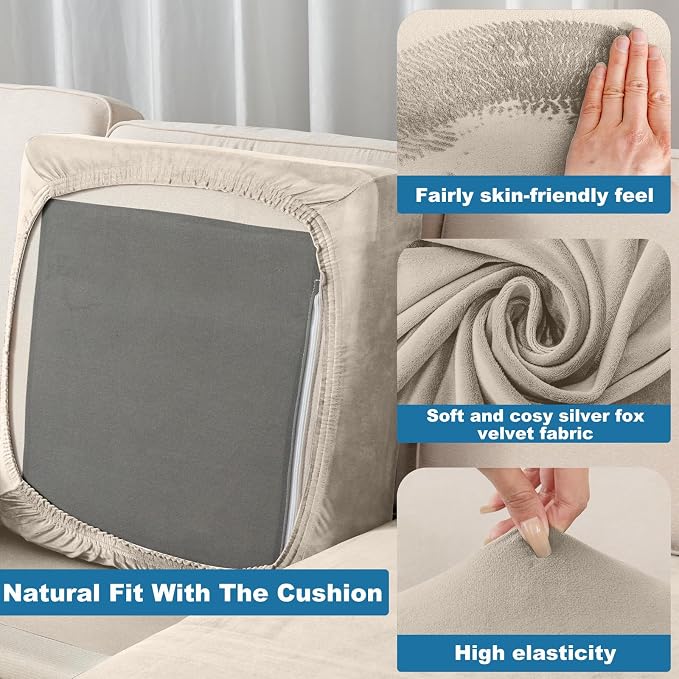 Couch Cover 3-Piece Elastic Velvet Couch Cushion Covers & Chaise Slipcovers - Image 4