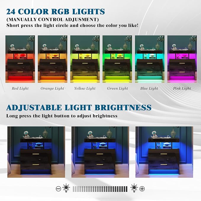 WOOVIVS Night Stand with Light, High Gloss Nightstand with USB/Wireless - Image 3