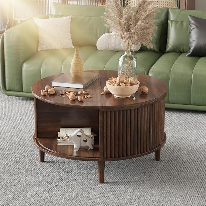 Round Coffee Table with Storage, Fluted Lift Top Coffee Table - Image 6