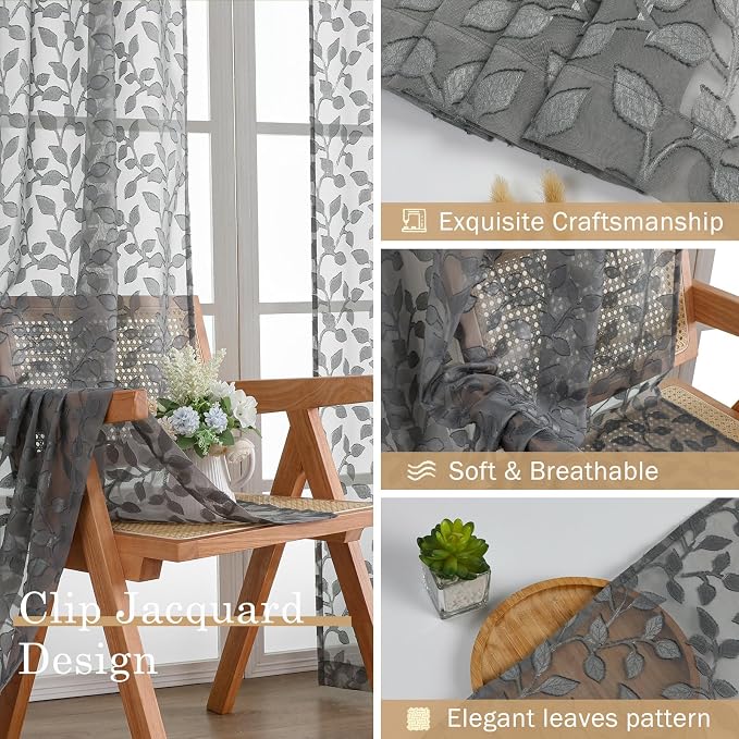 Chyhomenyc Charcoal Grey Sheer Curtains 30 Inch Length, Light Filtering Leaf - Image 7