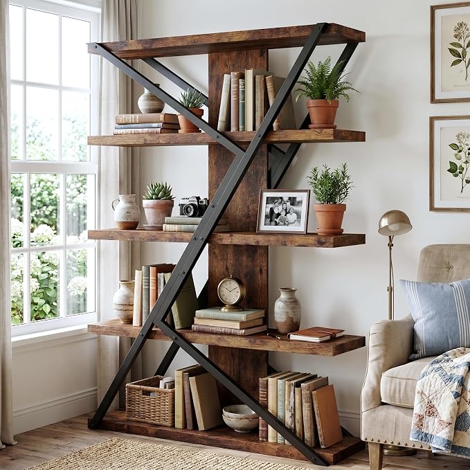 FUSUNBAO Industrial Bookshelf, Vintage 5-Tier Tall Bookcase by FUSUNBAO