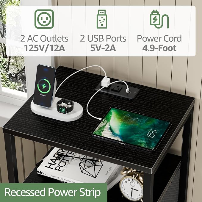 BOLUO Black Night Stand with 3 Fabric Drawers, Nightstand with Charging Station - Image 5