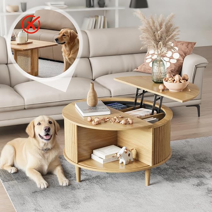 Round Coffee Table with Storage, Fluted Lift Top Coffee Table - Image 6