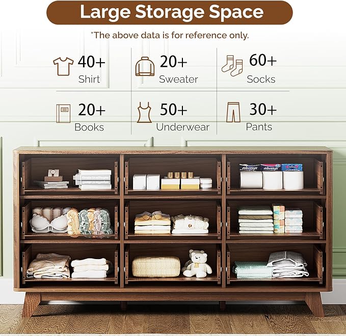 VINGLI Fluted Walnut Dresser 9 Drawer, Dark Wood Dresser Brown - Image 9