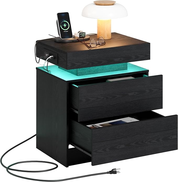LIKIMIO Night Stand with Charging Station, Modern Black Nightstand with LED - Image 8