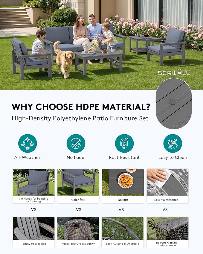 SERWALL HDPE Patio Furniture Set, 7-piece Outdoor Sectional Sofa Set, All - Image 3