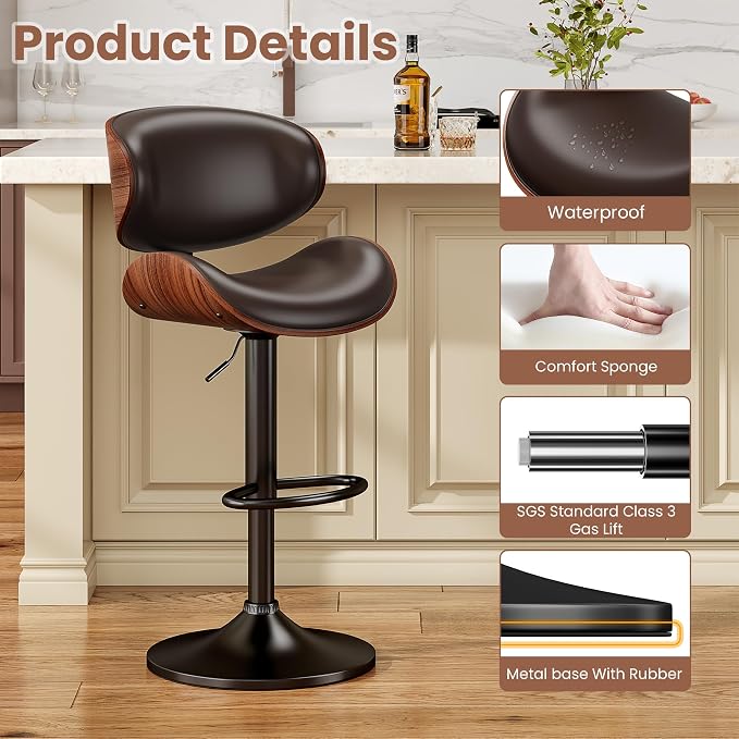 YaFiti Bar Stools Set of 3, Bentwood Adjustable Height Swivel Bar Stools - Image 5