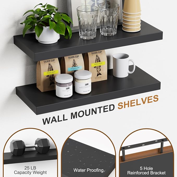 Bellsal 2-Pack Black Modern Floating Shelves, Living Room, Bathroom Storage - Image 6