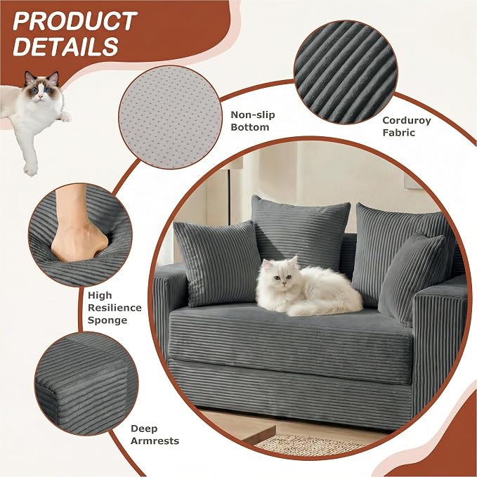 Convertible 5 in 1 Futon Sofa Bed Full Size, Corduroy Boneless Couch Sleeper - Image 3