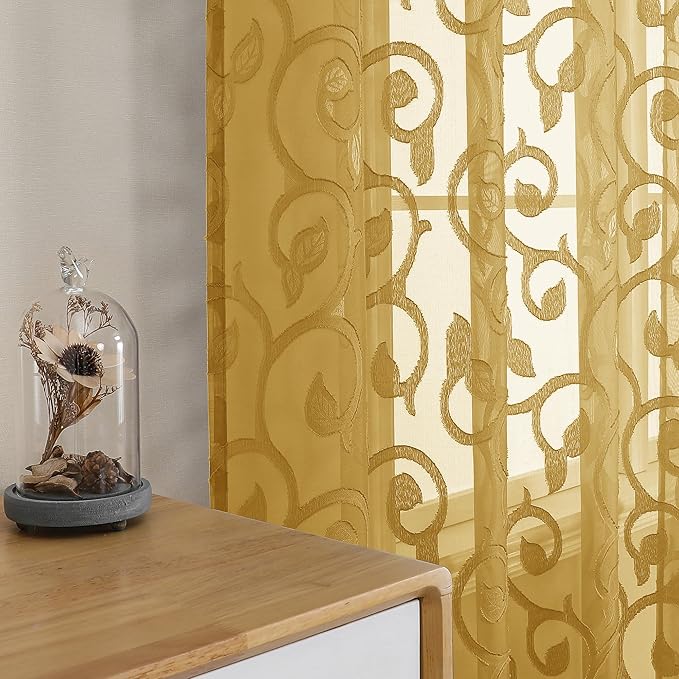 OWENIE Furman Gold Sheer Curtains 45 Inch Length 2 Panels Set - Image 2