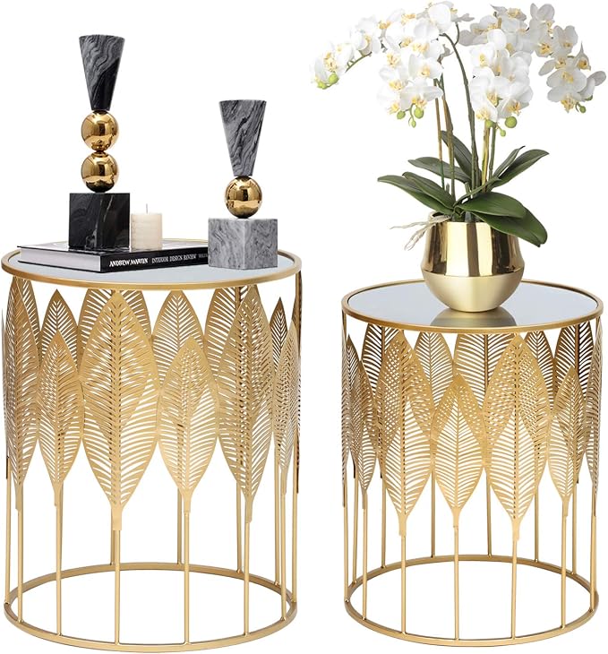 Homebeez Gold Nesting Tables Set of 2, Glam Leaf Design Round End Table by Homebeez