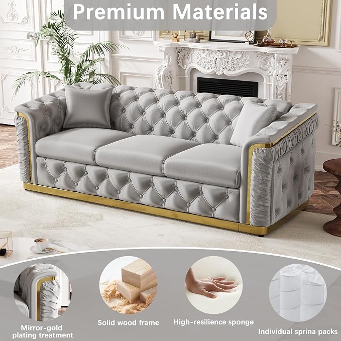 2 Piece Velvet Chesterfield Sofa Luxury Tufted Sofa Black and Gold Couch Set - Image 5