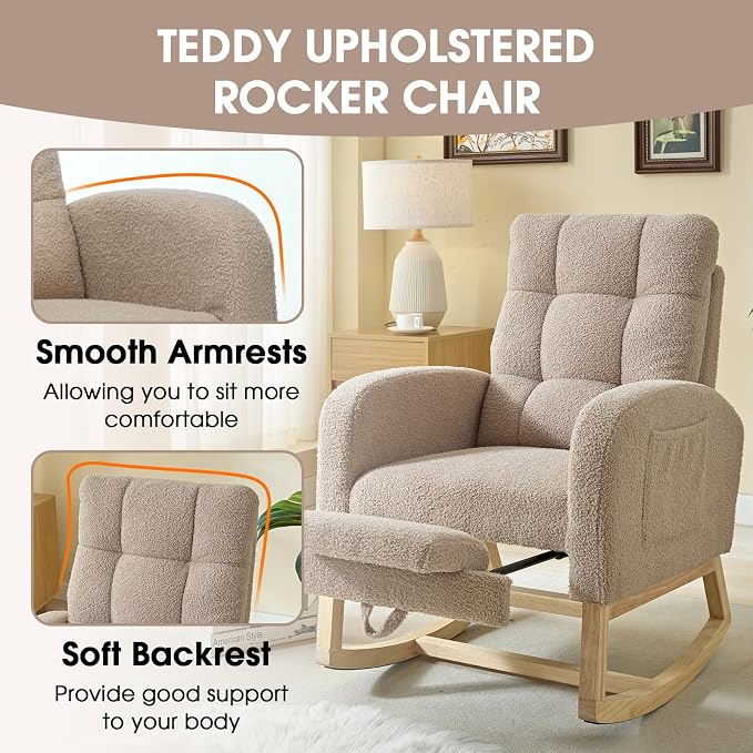 NIOIIKIT Modern Nursery Rocking Chair, Teddy Upholstered Rocking Chair - Image 6