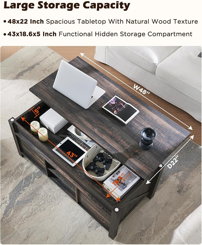 OKD 48" Farmhouse Lift Top Coffee Table - Image 4