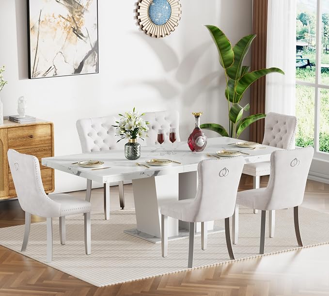 Henf 7 Pieces Faux Marble Dining Table Set - Image 3
