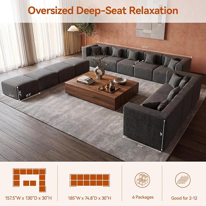 MONVANE Modular Sectional Sofa, Oversized 12 Seat Convertible U Shaped Couch - Image 3