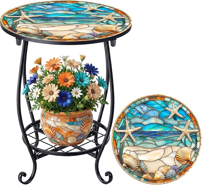 Cinnvoice Outdoor Side Table Round Small Mosaic Patio Accent Indoor End Plant by Cinnvoice