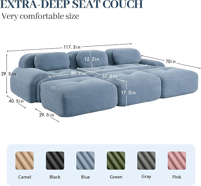 Boneless Sectional Couch, No Assembly Required, 117.3” Modular Cloud Sofa - Image 3