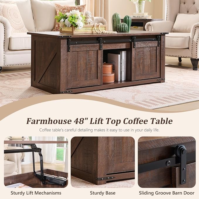 IFGET Farmhouse Furniture Set of 3, Includes 48" Lift Top Coffee Table - Image 3