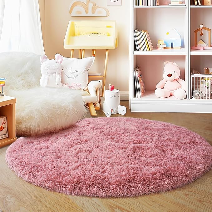 4'x4' Blush Round Rugs for Girls Bedroom, Ultra Soft Fluffy Circle Rug for Kids - Image 3