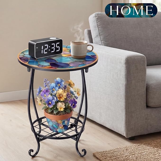 Cinnvoice Outdoor Side Table Round Small Mosaic Patio Accent Indoor End Plant - Image 7