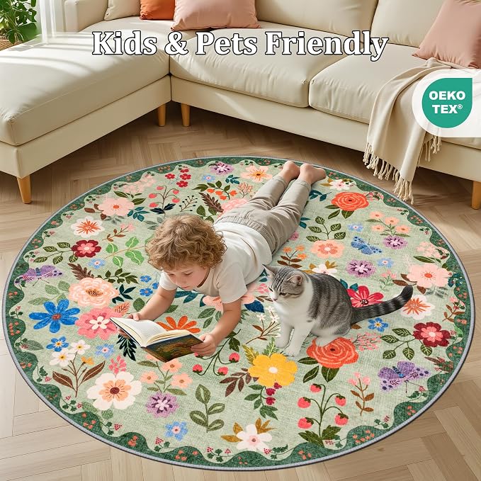 Round Area Rug for Living Room: 4 ft Floral Washable Circle Rug Soft Boho - Image 8