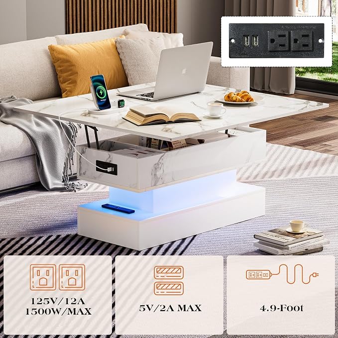 SYESWAY 39.4” Modern High Gloss Marble Lift Top Coffee Table - Image 6