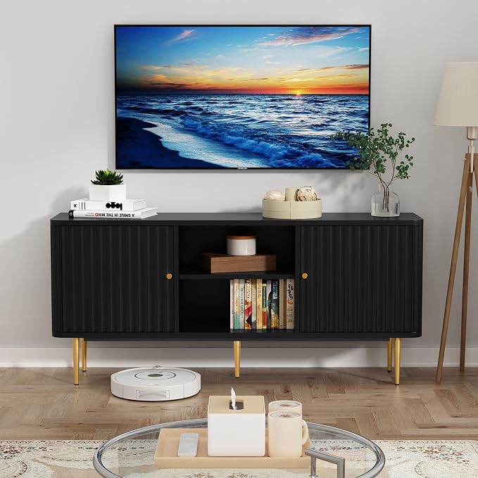 ARTPOWER 55” Fluted TV Stand, Mid Century Modern Black TV Stand - Image 4