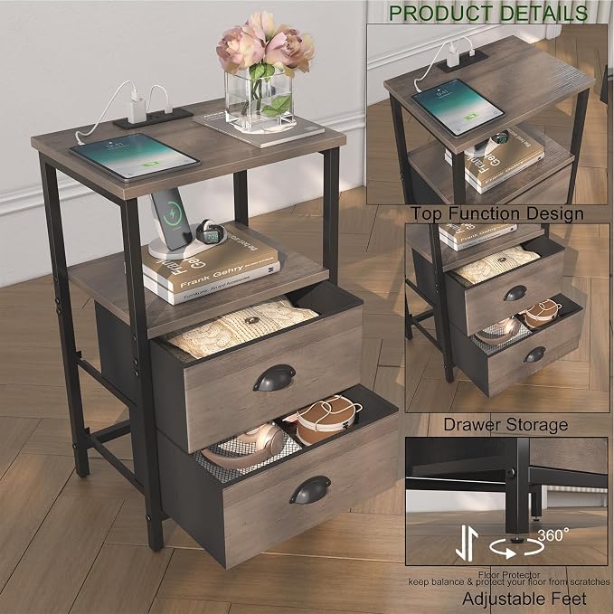 sthmec Nightstand with Charging Station, LED Night Stand Set of 2, Bedside - Image 5