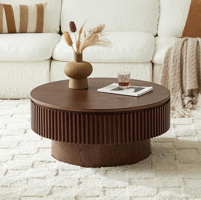 Round Coffee Table for Living Room, Fluted Drum Accent Tea Center Table - Image 3