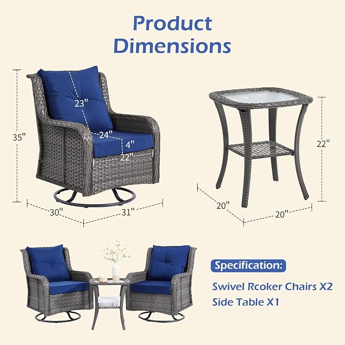 Wumiokio Patio Furniture Sets, 3 Pieces Wicker Outdoor Furniture - Image 3