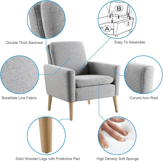 Accent Chair Set of 2 Living Room, Fabric Upholstered Comfy Reading Chair - Image 5