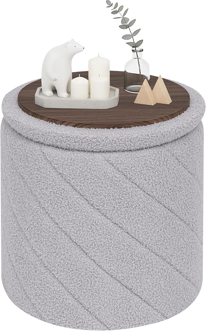 PINPLUS Ottoman with Stroage Round Boucle Ottoman and Tray Sherpa Removable by PINPLUS