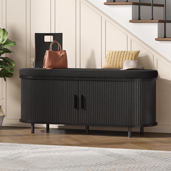 Oval Shoe Storage Bench with Padded Seat Cushion, 2-Tier Fluted Shoe Cabinet - Image 9