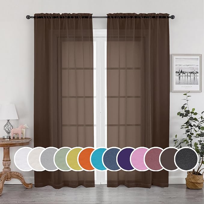 OWENIE Chocolate Sheer Curtains 96 Inch Length, Elegant Sheer Curtains by OWENIE