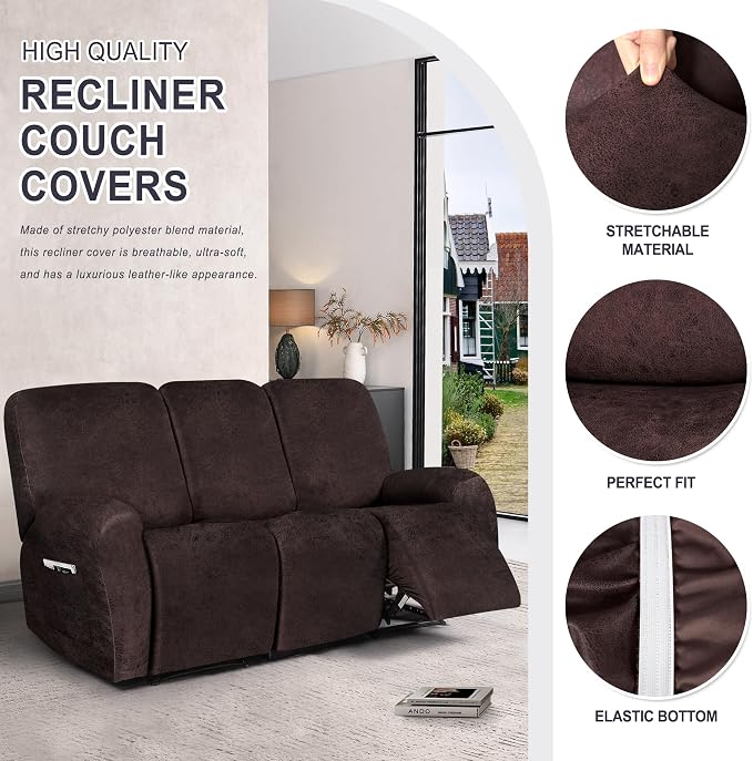 ANARACHON Leather Look Recliner Couch Cover, 8-Pieces Stretch Recliner Sofa - Image 5