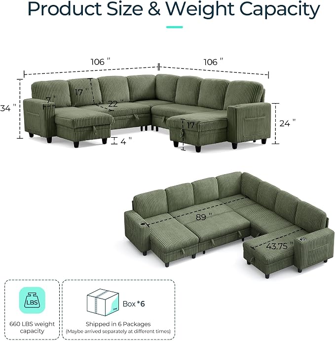 LINSY HOME Sectional Sofa with Pull Out Bed, 7 Seats Corduroy Reversible - Image 2
