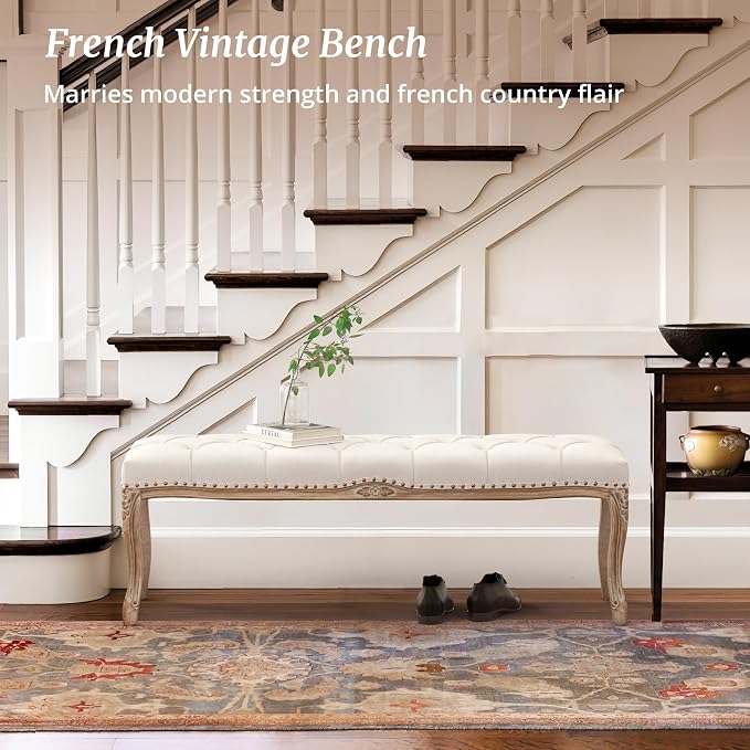 Cozyman Bedroom Bench, French Vintage Entryway Bench 52.5" Carving Upholstered - Image 7