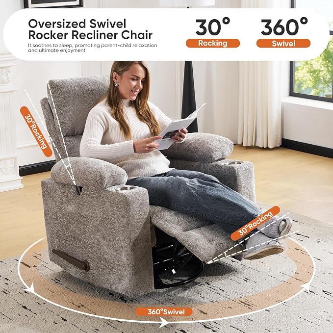 Swivel Rocker Recliner with Adjustable Armrests, Rocking Nursery Chair with - Image 6