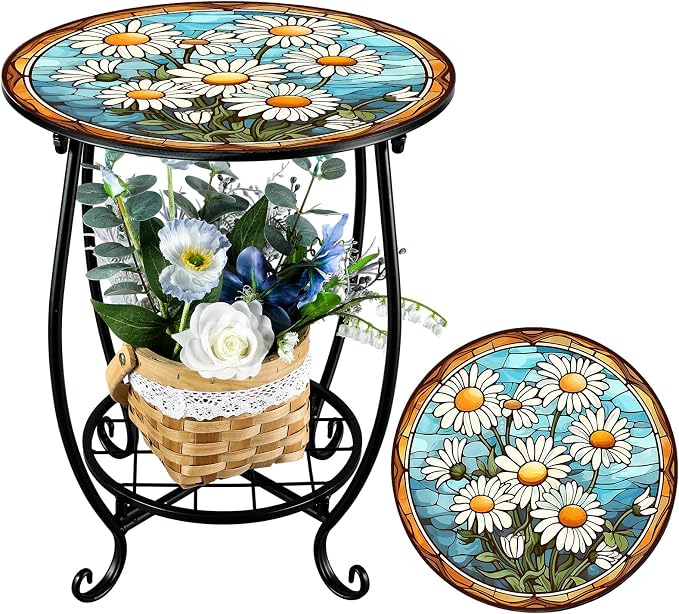 Cinnvoice Outdoor Side Table Round Small Mosaic Patio Accent Indoor End Plant by Cinnvoice