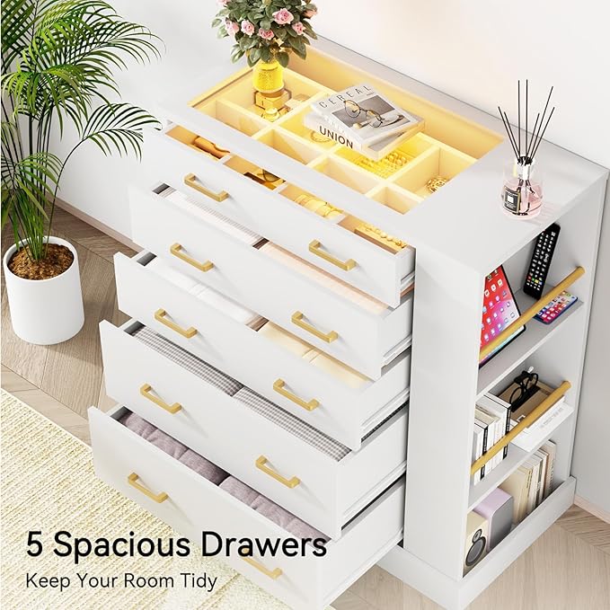 Drawer Dresser with LED Lights and Open Shelves, Modern Tall Chest of Drawers - Image 5