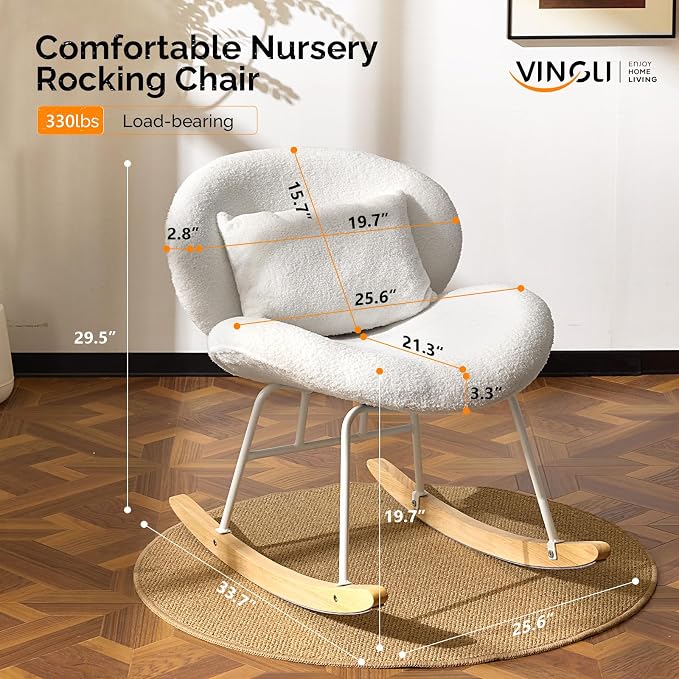 VINGLI 25.6" Extra Wide Criss Cross Nursery Rocking Chair, Cute Curved 115° - Image 2
