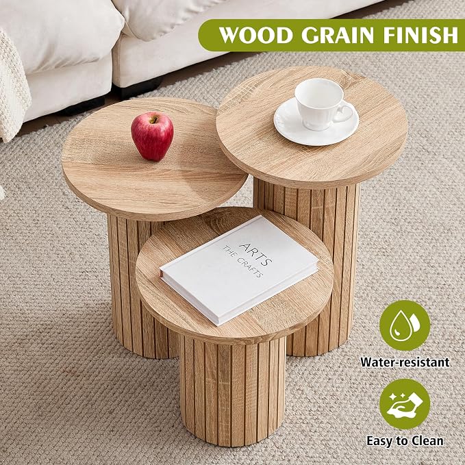 Round Side Tables Set of 3, Circle Modern Fluted Nesting Coffee Table, Accent - Image 3