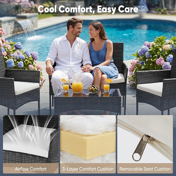 DUMOS 4 Piece Patio Furniture Set, All-Weather Outdoor Wicker Conversation Set - Image 6